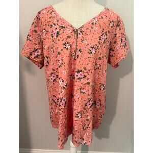 New Glory Women's Blouse Top Peach Floral Flowy Lightweight Short Sleeves - 2XL